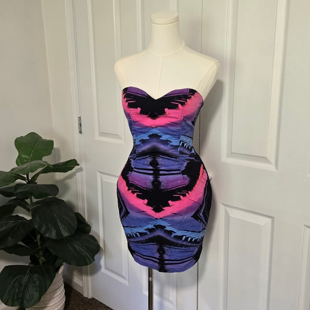 Motel Rocks Strapless Dress Womens S Pink Purple Blue Abstract Smocked Mini